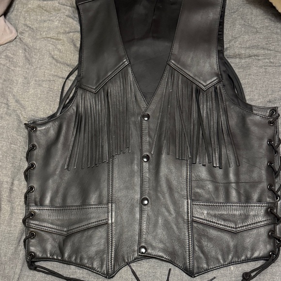 Black Leather Vest with Fringe